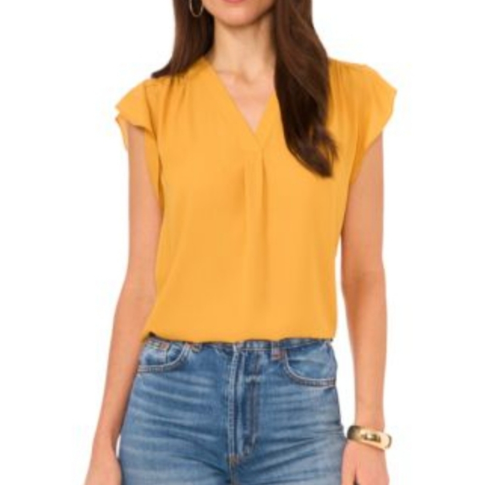 Vince Camuto Mustard Color V-Neck Short Sleeve Blouse